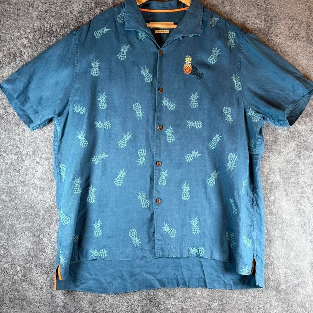 Tommy Bahama Mens XL Blue Linen Pineapple Print Button Down Shirt T310480